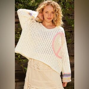 POL NWOT Women's Cream Sweater with Pink & Purple Accents and Peace ☮️ Sign